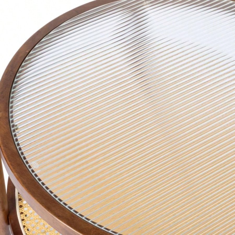 31.5in Rattan Coffee Table with Glass Top, Round End Table, Boho Style Side Table Sofa End Table Living Room Balcony Patio, Walnut
