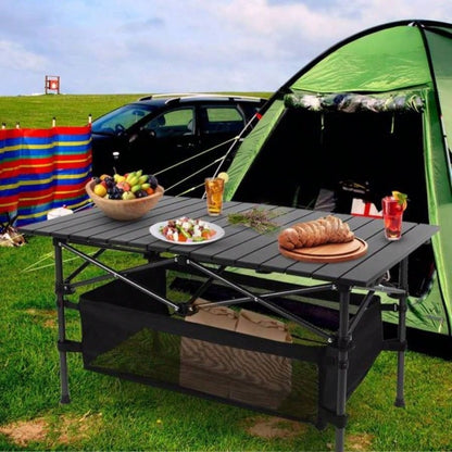 220 lbs Folding Camping Table - 30 - Second - Setup, Aluminum Roll - Top Steel Frame, Detachable Mesh Basket, Portable Outdoor Picnic/BBQ/Beach Table with Carry Bag