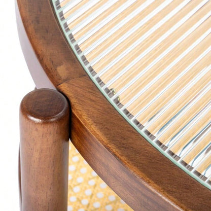 31.5in Rattan Coffee Table with Glass Top, Round End Table, Boho Style Side Table Sofa End Table Living Room Balcony Patio, Walnut