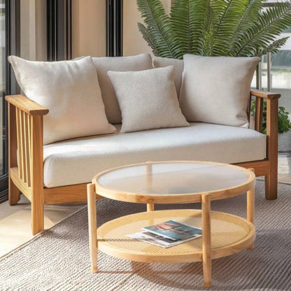 31.5in Rattan Coffee Table with Glass Top, Round End Table, Boho Style Side Table Sofa End Table Living Room Balcony Patio, Natural