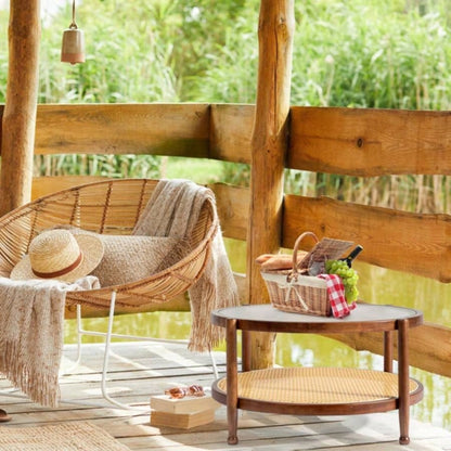 31.5in Rattan Coffee Table with Glass Top, Round End Table, Boho Style Side Table Sofa End Table Living Room Balcony Patio, Walnut