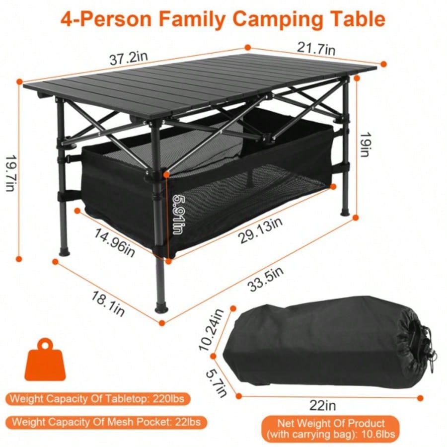220 lbs Folding Camping Table - 30 - Second - Setup, Aluminum Roll - Top Steel Frame, Detachable Mesh Basket, Portable Outdoor Picnic/BBQ/Beach Table with Carry Bag