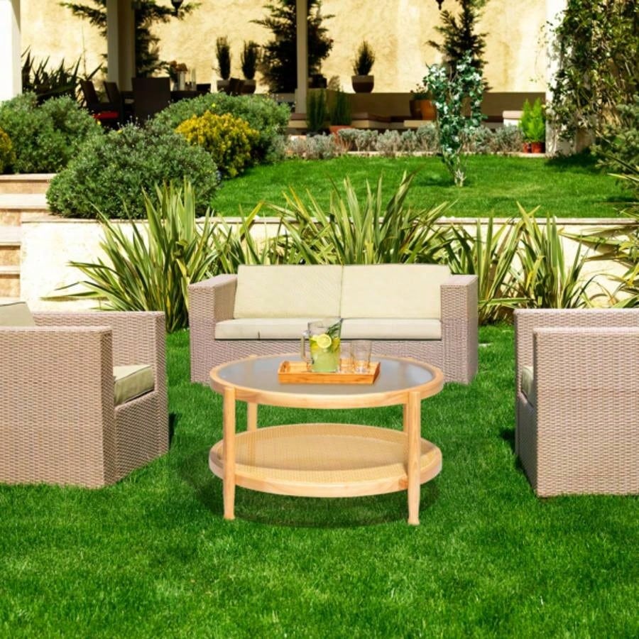 31.5in Rattan Coffee Table with Glass Top, Round End Table, Boho Style Side Table Sofa End Table Living Room Balcony Patio, Natural