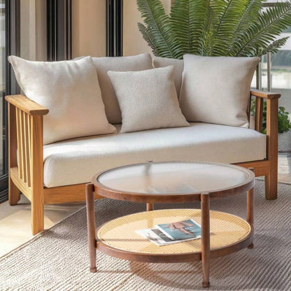 31.5in Rattan Coffee Table with Glass Top, Round End Table, Boho Style Side Table Sofa End Table Living Room Balcony Patio, Walnut