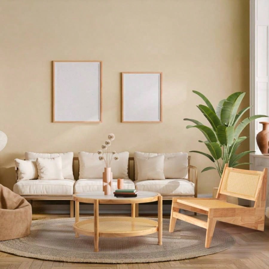 31.5in Rattan Coffee Table with Glass Top, Round End Table, Boho Style Side Table Sofa End Table Living Room Balcony Patio, Natural