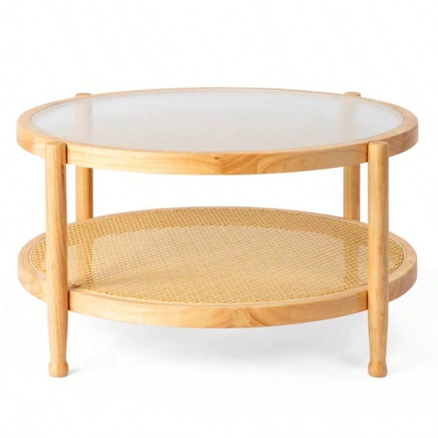 31.5in Rattan Coffee Table with Glass Top, Round End Table, Boho Style Side Table Sofa End Table Living Room Balcony Patio, Natural