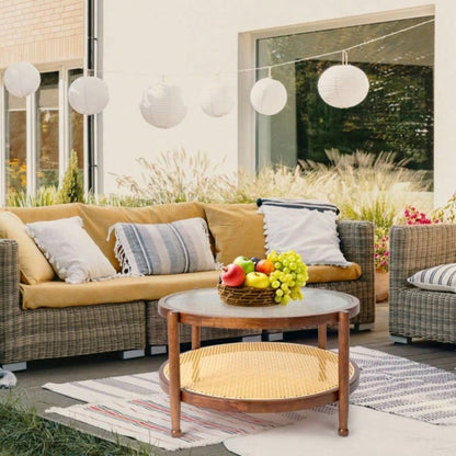 31.5in Rattan Coffee Table with Glass Top, Round End Table, Boho Style Side Table Sofa End Table Living Room Balcony Patio, Walnut