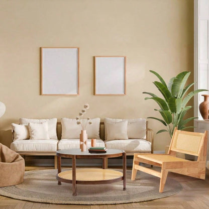 31.5in Rattan Coffee Table with Glass Top, Round End Table, Boho Style Side Table Sofa End Table Living Room Balcony Patio, Walnut