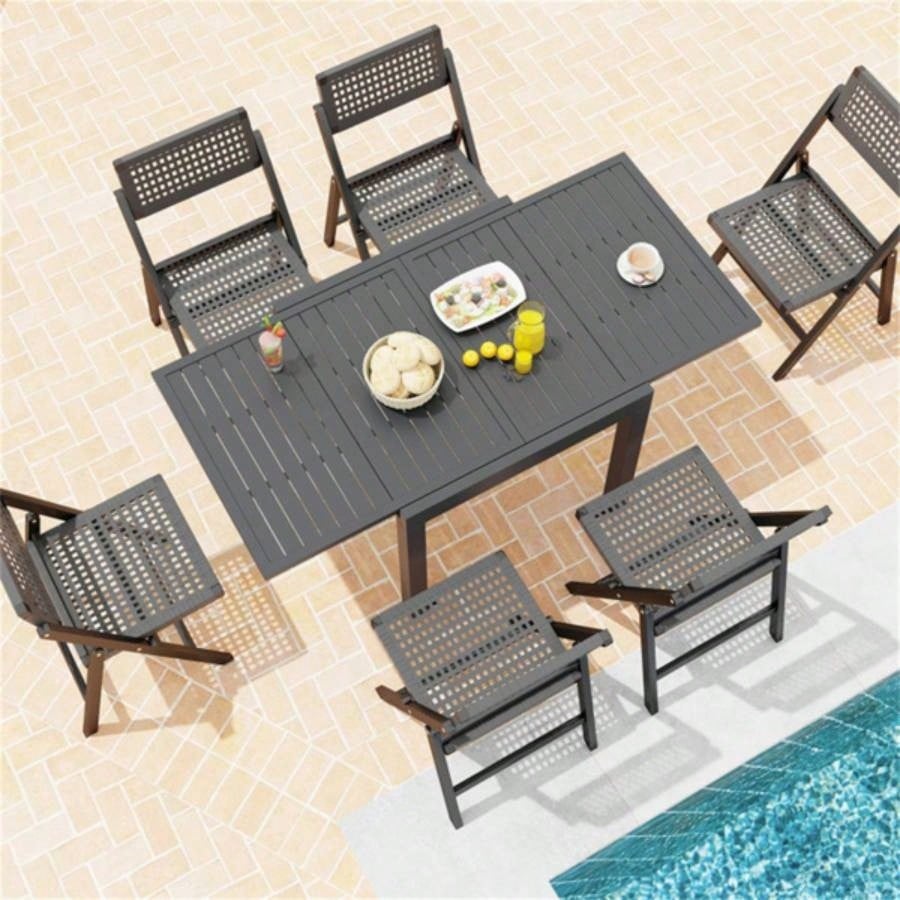 Retractable outdoor dining table, gray patio table 4 - 6 with Aluminum Frame