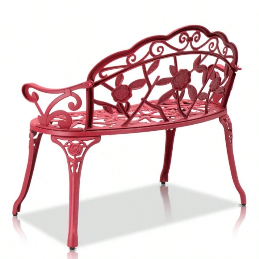 Outdoor Cast Aluminum Patio, Porch Chair with Curved Pattern, Red