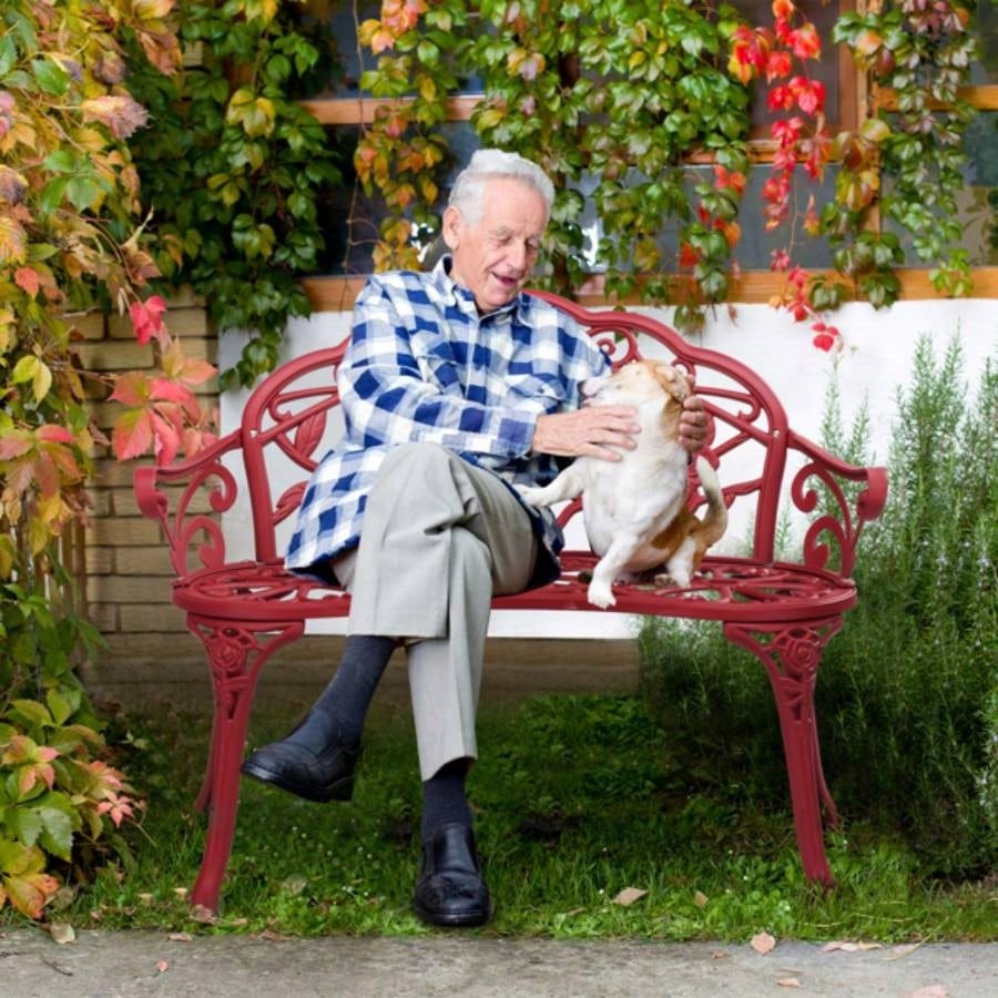 Outdoor Cast Aluminum Patio, Porch Chair with Curved Pattern, Red