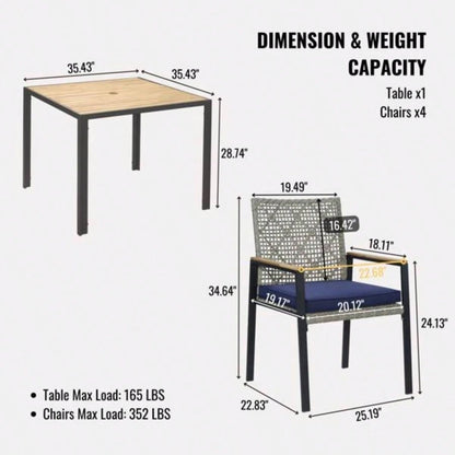 All Weather 5 - Piece Patio Dining Table Sets, Patio Conversation Set Acacia Wood Table Top with Hole, Rattan Outdoor, Light Gray Color