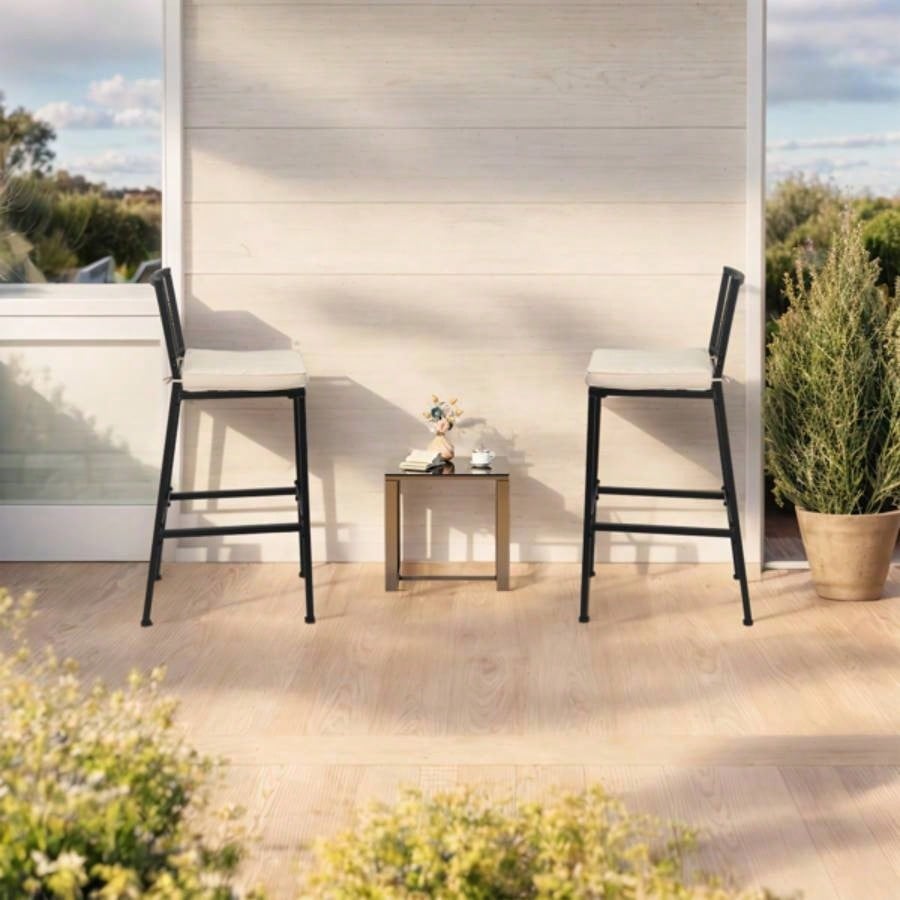 2PCS Patio Bar Chairs, Heavy - Duty Metal Frame Bar Stools Set of 2, Indoor Outdoor All - Weather Resistant Barstools with Detachable Cushion