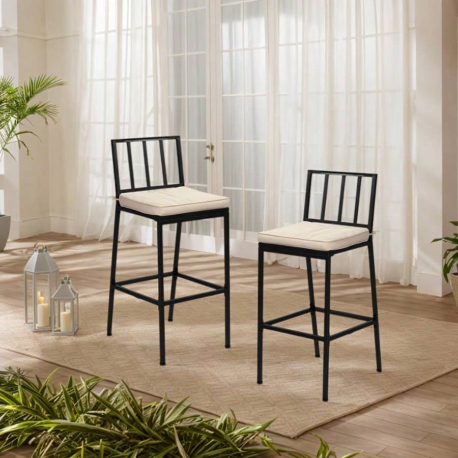 2PCS Patio Bar Chairs, Heavy - Duty Metal Frame Bar Stools Set of 2, Indoor Outdoor All - Weather Resistant Barstools with Detachable Cushion