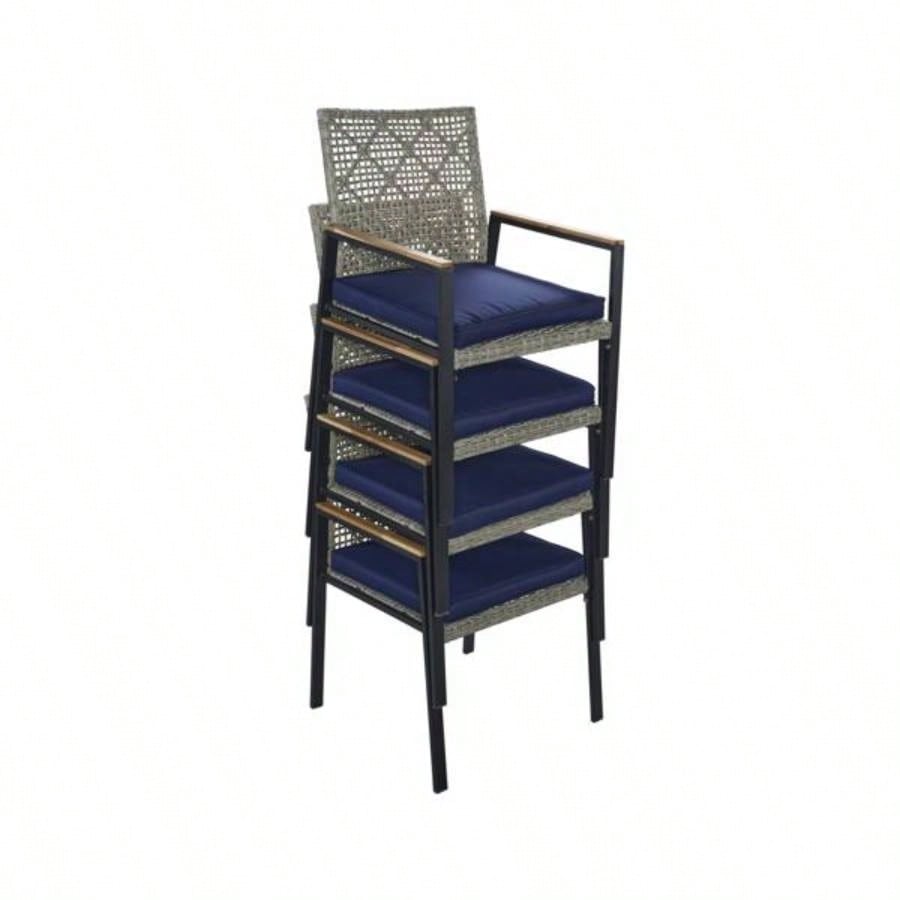 All Weather 5 - Piece Patio Dining Table Sets, Patio Conversation Set Acacia Wood Table Top with Hole, Rattan Outdoor, Light Gray Color