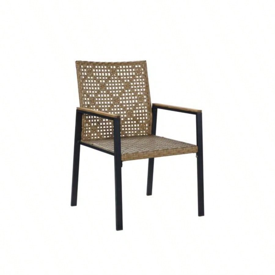 All Weather 5 - Piece Patio Dining Table Sets, Patio Conversation Set Acacia Wood Table Top with Hole, Rattan Outdoor, Yellow Color