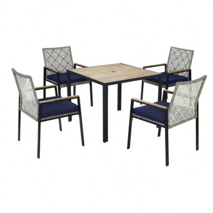 All Weather 5 - Piece Patio Dining Table Sets, Patio Conversation Set Acacia Wood Table Top with Hole, Rattan Outdoor, Light Gray Color