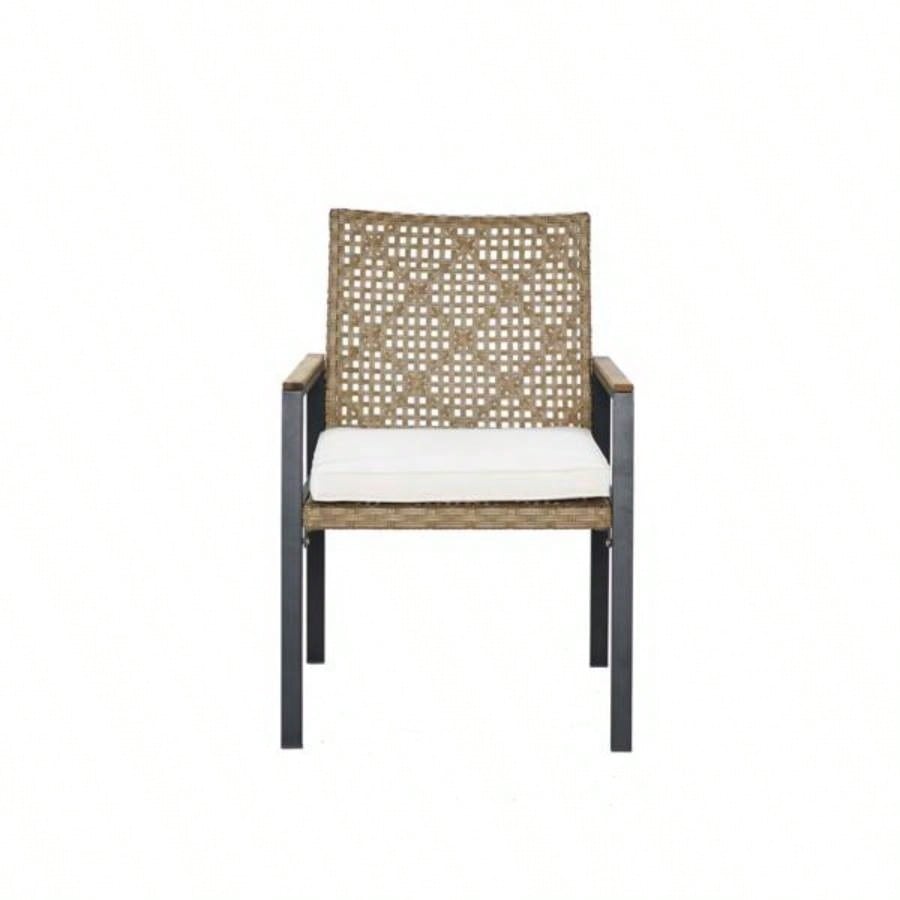 All Weather 5 - Piece Patio Dining Table Sets, Patio Conversation Set Acacia Wood Table Top with Hole, Rattan Outdoor, Yellow Color