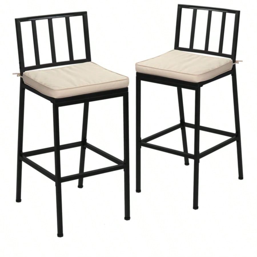 2PCS Patio Bar Chairs, Heavy - Duty Metal Frame Bar Stools Set of 2, Indoor Outdoor All - Weather Resistant Barstools with Detachable Cushion