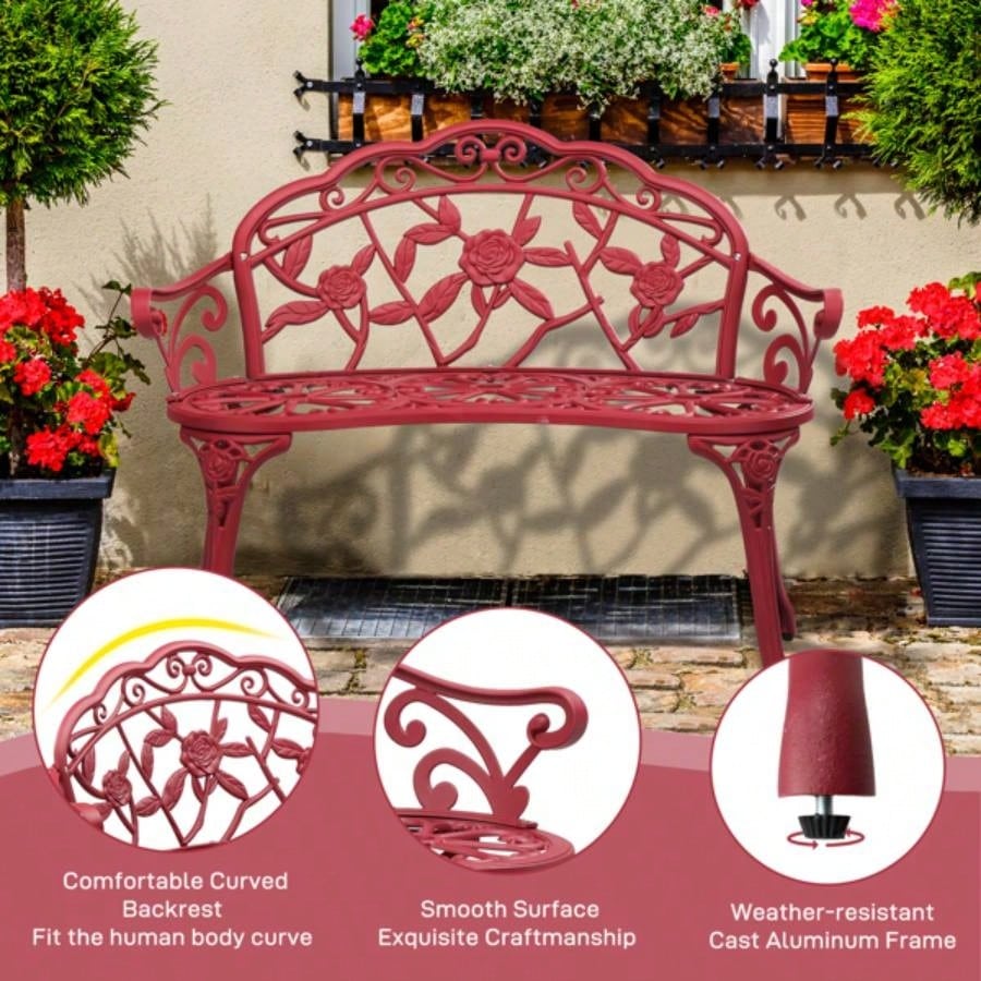 Outdoor Cast Aluminum Patio, Porch Chair with Curved Pattern, Red