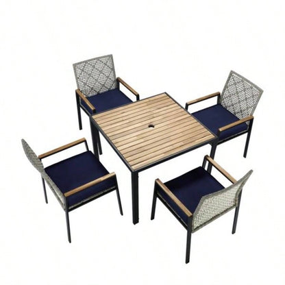 All Weather 5 - Piece Patio Dining Table Sets, Patio Conversation Set Acacia Wood Table Top with Hole, Rattan Outdoor, Light Gray Color