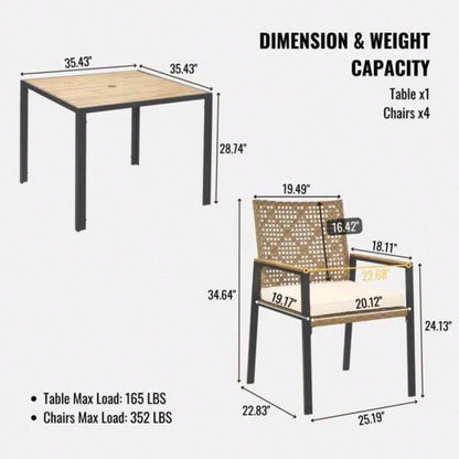 All Weather 5 - Piece Patio Dining Table Sets, Patio Conversation Set Acacia Wood Table Top with Hole, Rattan Outdoor, Yellow Color