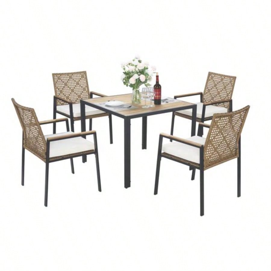 All Weather 5 - Piece Patio Dining Table Sets, Patio Conversation Set Acacia Wood Table Top with Hole, Rattan Outdoor, Yellow Color