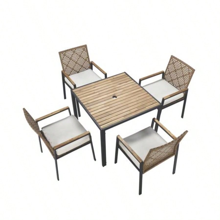 All Weather 5 - Piece Patio Dining Table Sets, Patio Conversation Set Acacia Wood Table Top with Hole, Rattan Outdoor, Yellow Color