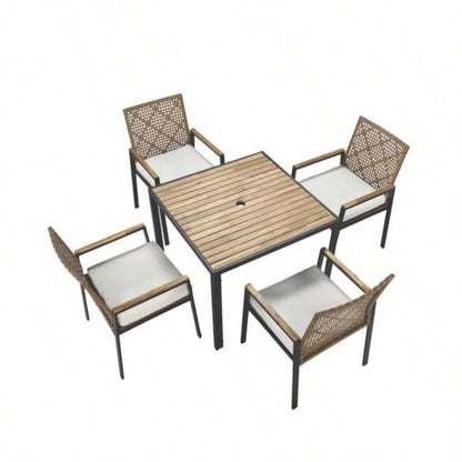 All Weather 5 - Piece Patio Dining Table Sets, Patio Conversation Set Acacia Wood Table Top with Hole, Rattan Outdoor, Yellow Color