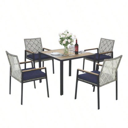 All Weather 5 - Piece Patio Dining Table Sets, Patio Conversation Set Acacia Wood Table Top with Hole, Rattan Outdoor, Light Gray Color