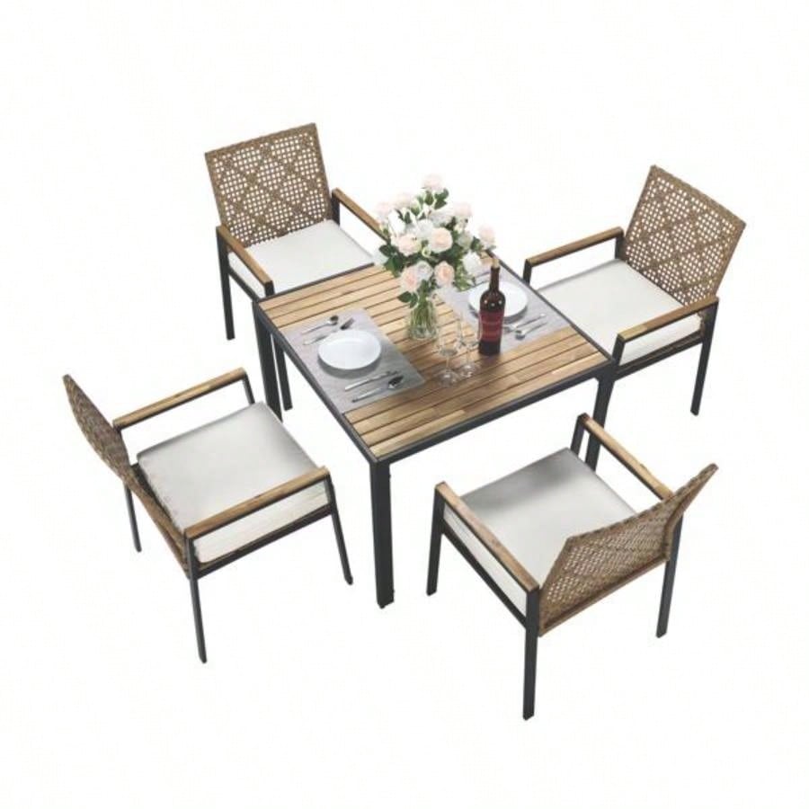 All Weather 5 - Piece Patio Dining Table Sets, Patio Conversation Set Acacia Wood Table Top with Hole, Rattan Outdoor, Yellow Color