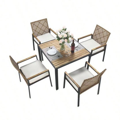 All Weather 5 - Piece Patio Dining Table Sets, Patio Conversation Set Acacia Wood Table Top with Hole, Rattan Outdoor, Yellow Color