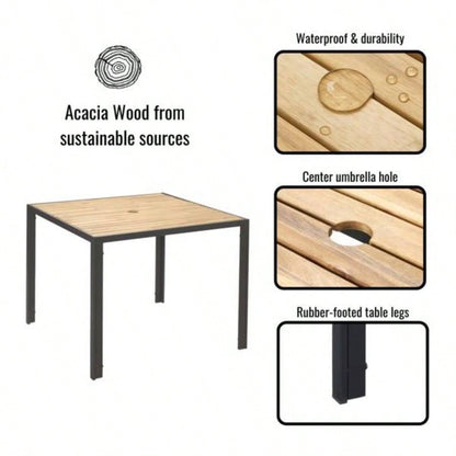 All Weather 5 - Piece Patio Dining Table Sets, Patio Conversation Set Acacia Wood Table Top with Hole, Rattan Outdoor, Light Gray Color