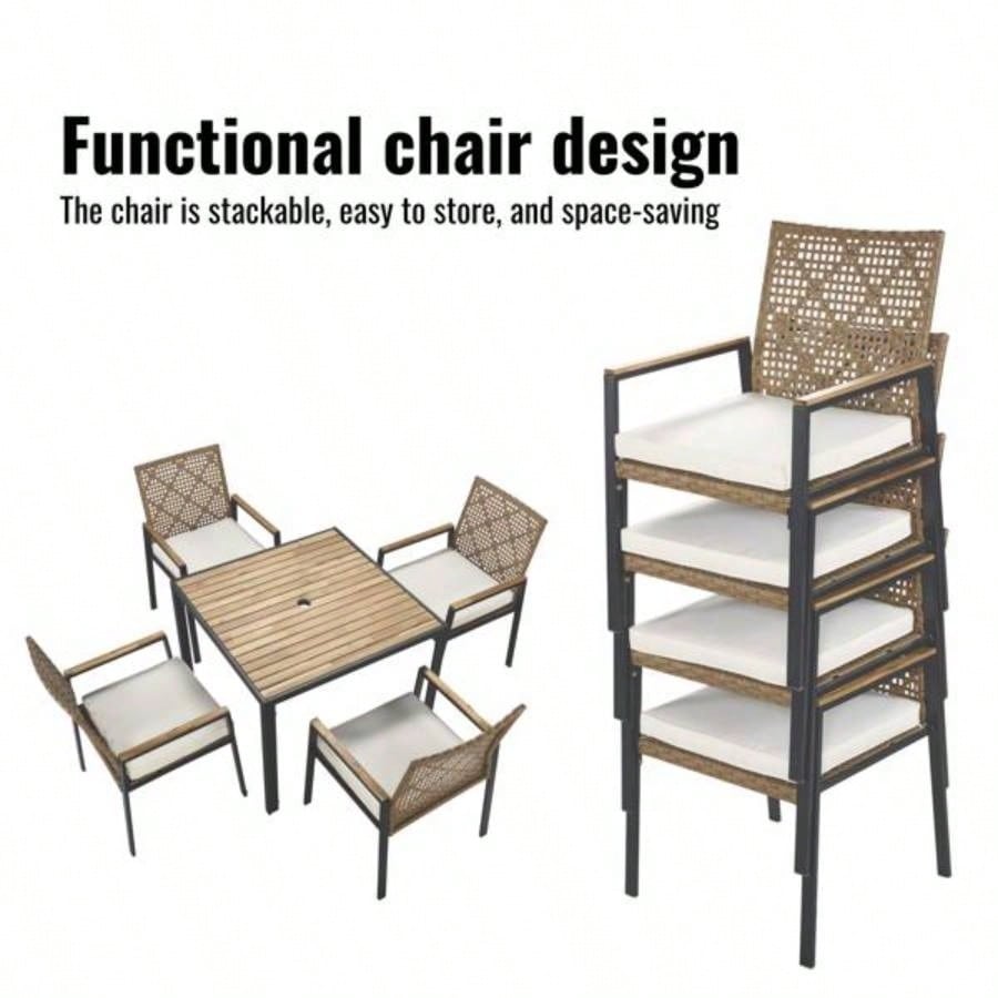 All Weather 5 - Piece Patio Dining Table Sets, Patio Conversation Set Acacia Wood Table Top with Hole, Rattan Outdoor, Yellow Color