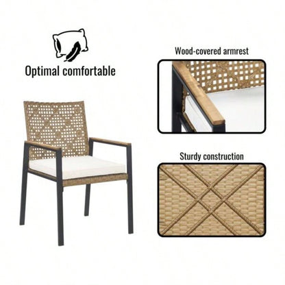 All Weather 5 - Piece Patio Dining Table Sets, Patio Conversation Set Acacia Wood Table Top with Hole, Rattan Outdoor, Yellow Color