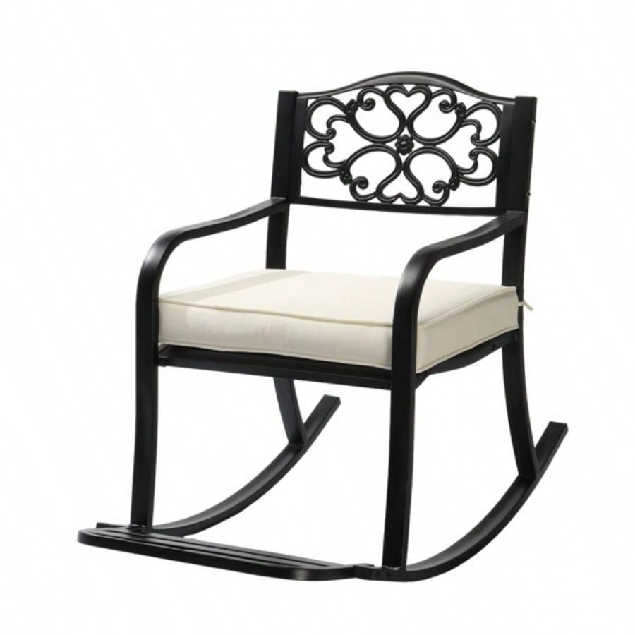 Metal Rocking Chair, Outdoor Rocking with Cushion, Patio Rocker with Footrest, Weatherproof Rocking Chair Outside, Patio, Garden, Flower Backrest