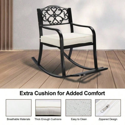 Metal Rocking Chair, Outdoor Rocking with Cushion, Patio Rocker with Footrest, Weatherproof Rocking Chair Outside, Patio, Garden, Flower Backrest