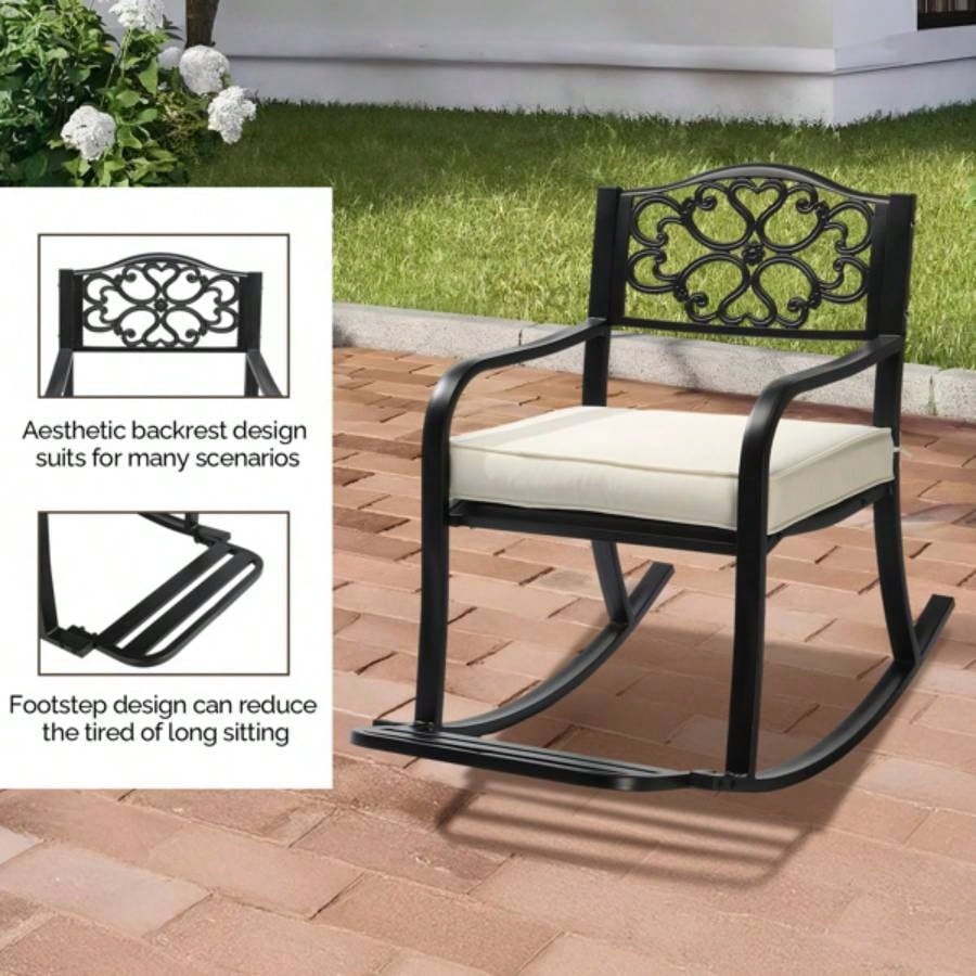 Metal Rocking Chair, Outdoor Rocking with Cushion, Patio Rocker with Footrest, Weatherproof Rocking Chair Outside, Patio, Garden, Flower Backrest
