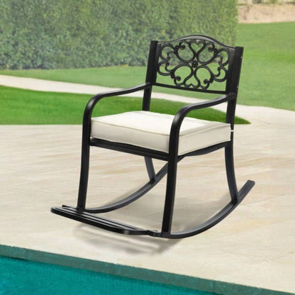 Metal Rocking Chair, Outdoor Rocking with Cushion, Patio Rocker with Footrest, Weatherproof Rocking Chair Outside, Patio, Garden, Flower Backrest