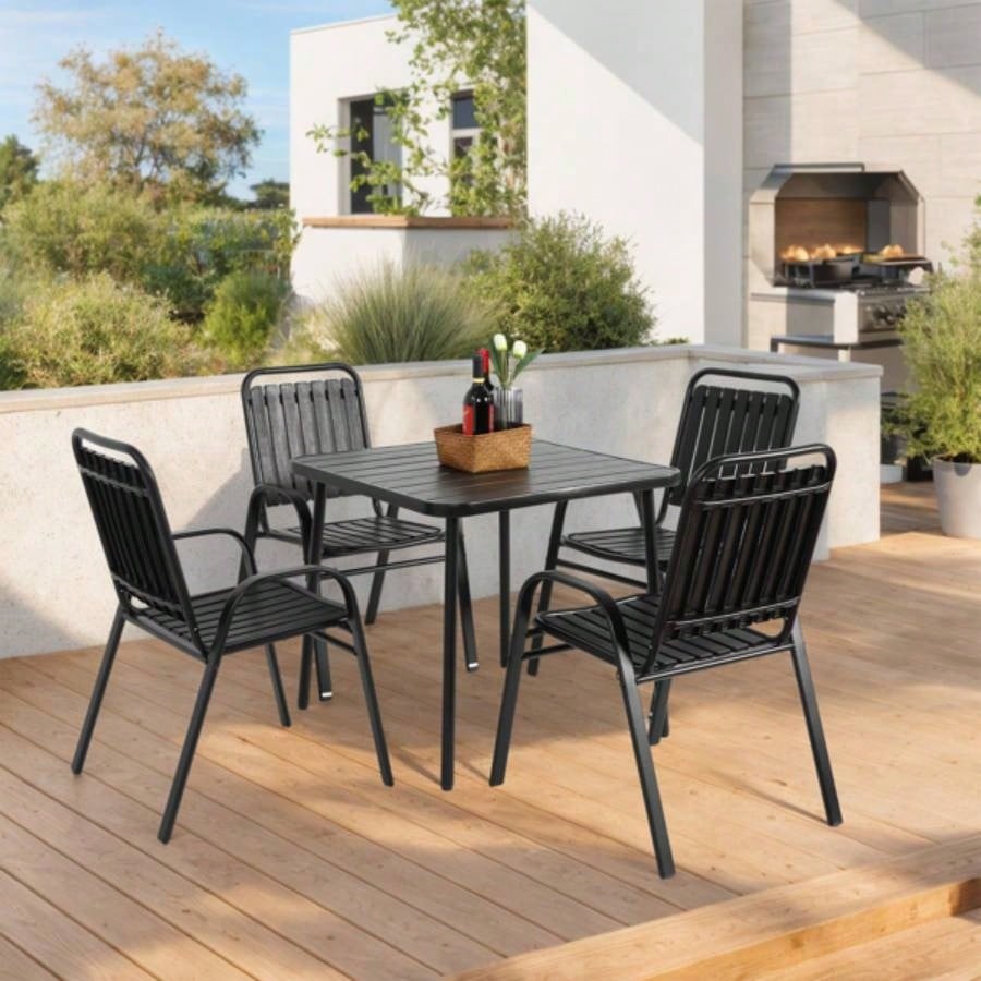 5 - Piece Plastic chair and steel table Outdoor Dining Set, plastic Chairs and Table Set Garden Patio, Black