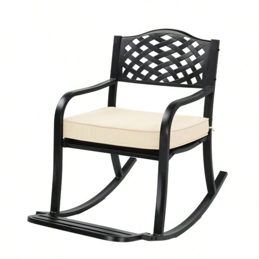 Metal Rocking Chair, Outdoor Rocking with Cushion, Patio Rocker with Footrest, Weatherproof Rocking Chair Outside, Patio, Garden, Hole Backrest