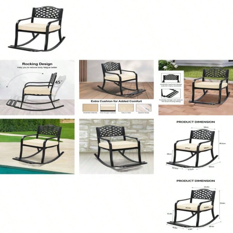 Metal Rocking Chair, Outdoor Rocking with Cushion, Patio Rocker with Footrest, Weatherproof Rocking Chair Outside, Patio, Garden, Hole Backrest
