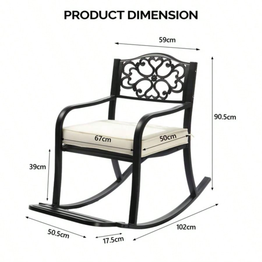 Metal Rocking Chair, Outdoor Rocking with Cushion, Patio Rocker with Footrest, Weatherproof Rocking Chair Outside, Patio, Garden, Flower Backrest