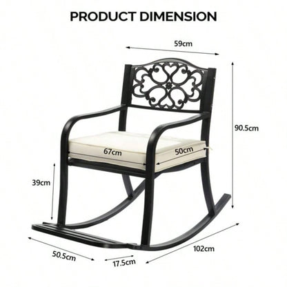 Metal Rocking Chair, Outdoor Rocking with Cushion, Patio Rocker with Footrest, Weatherproof Rocking Chair Outside, Patio, Garden, Flower Backrest