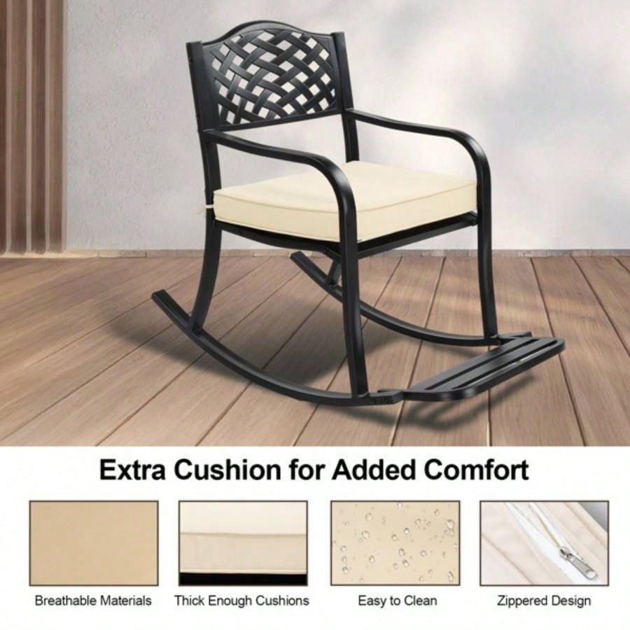 Metal Rocking Chair, Outdoor Rocking with Cushion, Patio Rocker with Footrest, Weatherproof Rocking Chair Outside, Patio, Garden, Hole Backrest