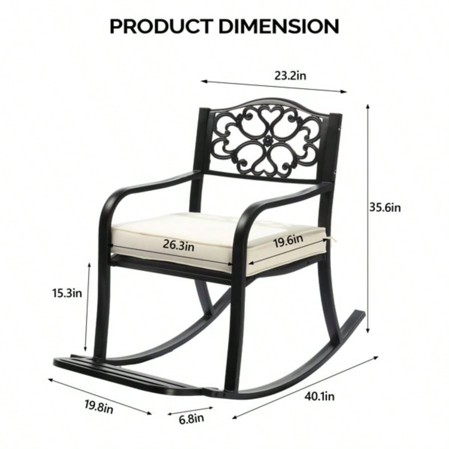 Metal Rocking Chair, Outdoor Rocking with Cushion, Patio Rocker with Footrest, Weatherproof Rocking Chair Outside, Patio, Garden, Flower Backrest