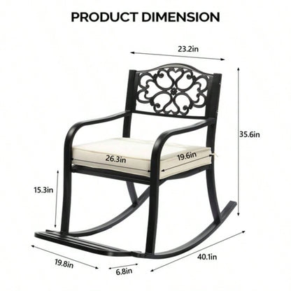 Metal Rocking Chair, Outdoor Rocking with Cushion, Patio Rocker with Footrest, Weatherproof Rocking Chair Outside, Patio, Garden, Flower Backrest