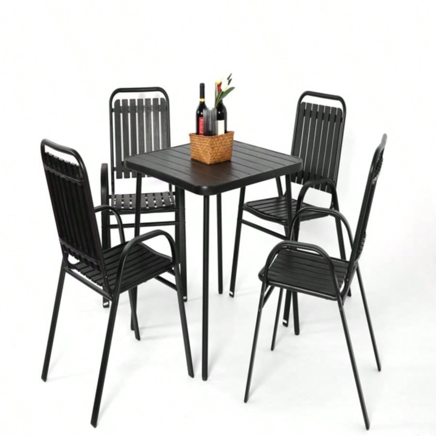 5 - Piece Plastic chair and steel table Outdoor Dining Set, plastic Chairs and Table Set Garden Patio, Black