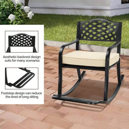 Metal Rocking Chair, Outdoor Rocking with Cushion, Patio Rocker with Footrest, Weatherproof Rocking Chair Outside, Patio, Garden, Hole Backrest