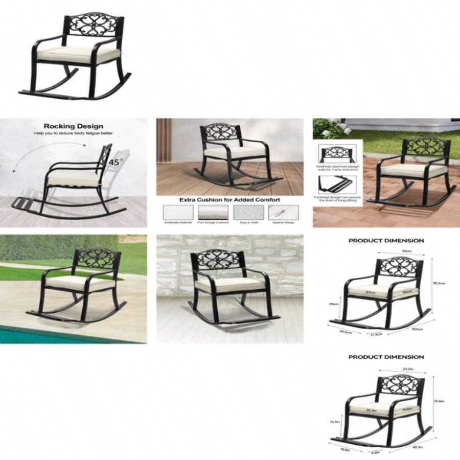 Metal Rocking Chair, Outdoor Rocking with Cushion, Patio Rocker with Footrest, Weatherproof Rocking Chair Outside, Patio, Garden, Flower Backrest